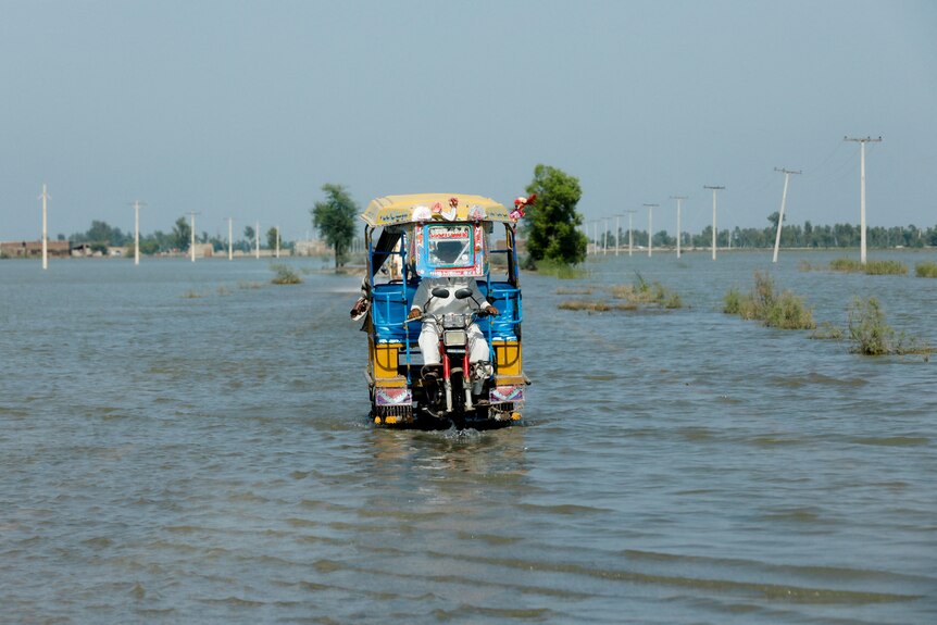A rickshaw (tuk tuk) travels through flood waters.