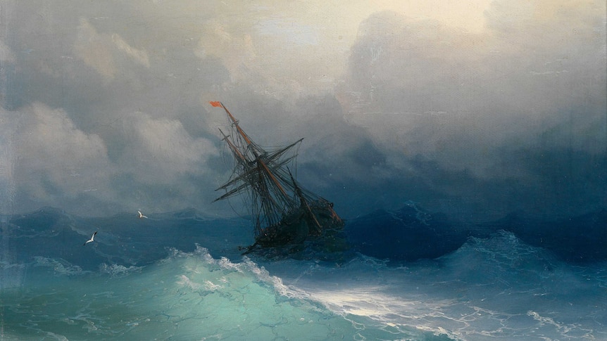 Oil painting of a old sailing ship in stormy seas. There are seagulls in the background and dark storm clouds.