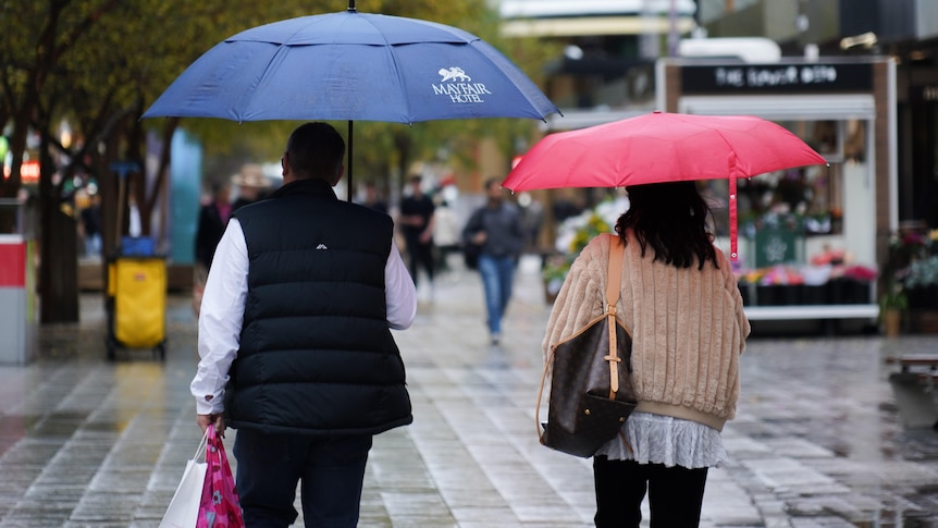 Two people carrying umbrellas walk through a mall with wet pavers