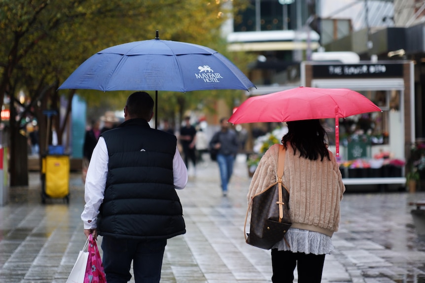 Two people carrying umbrellas walk through a mall with wet pavers