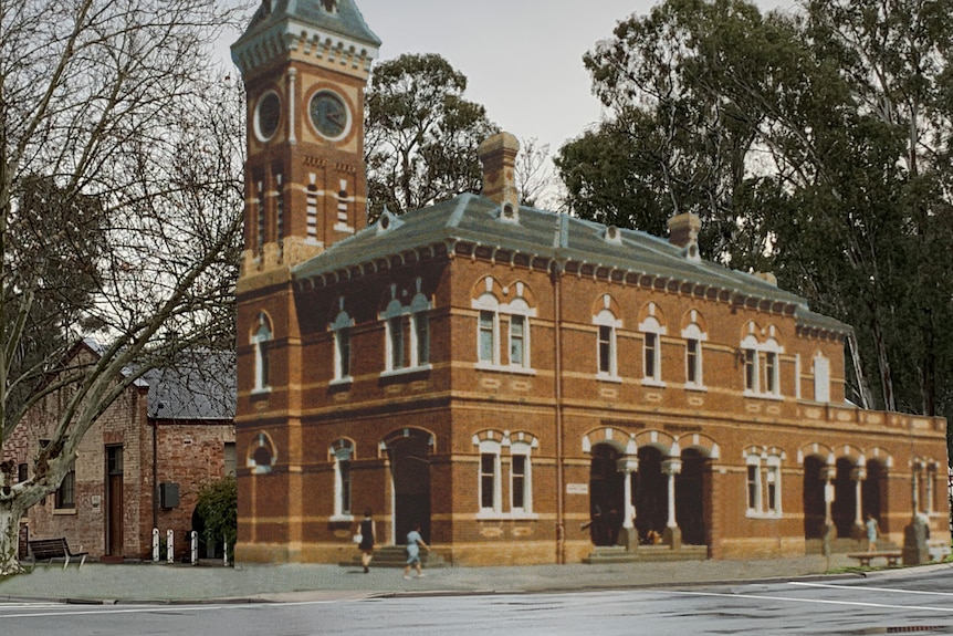 Digitally created image of building with clock tower