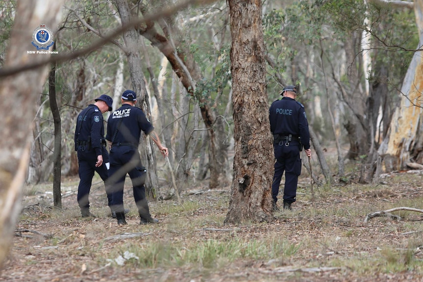 Three men in uniform walking through bushland.