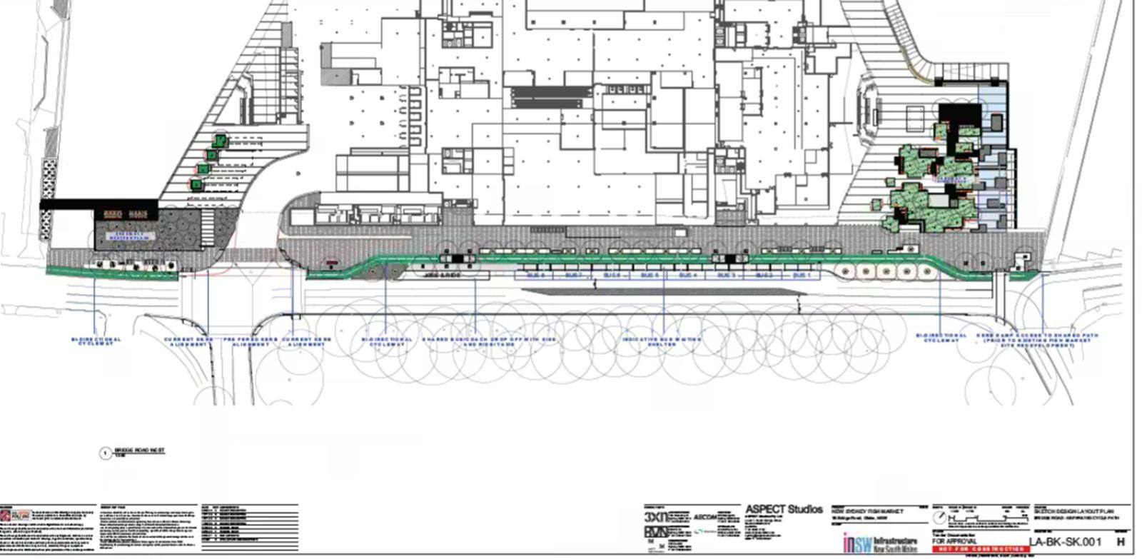Um mercado de peixe de cima para baixo mostrando uma ciclovia verde separada do lado de fora.