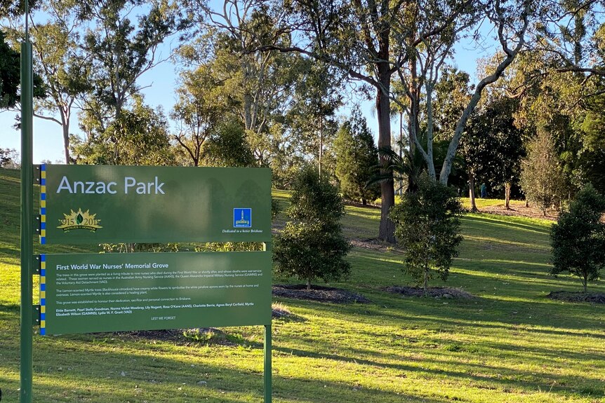 Sign saying 'Anzac Park' with trees and grass in the background.