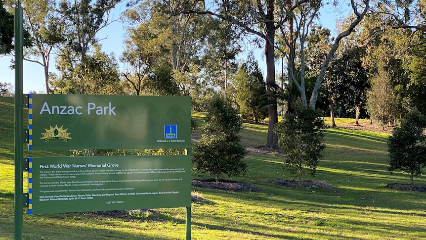 Sign saying 'Anzac Park' with trees and grass in the background.