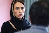 Jacinda Ardern speaks to representatives of the Muslim community at the Canterbury Refugee Centre.