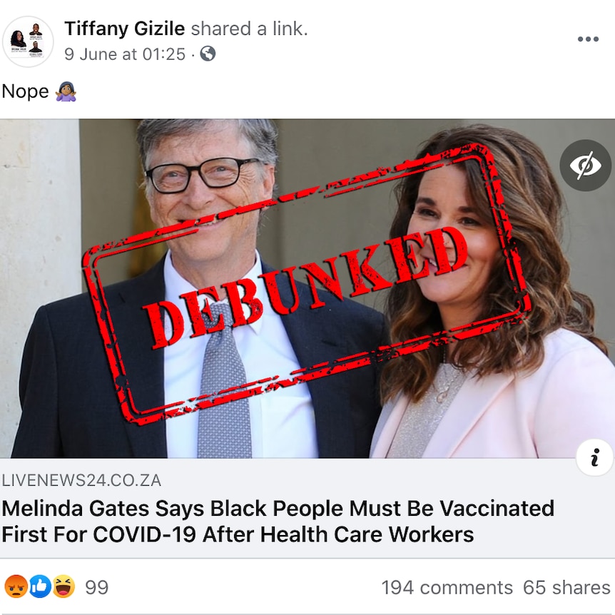 A Facebook post which claims Melinda Gates said black people should be vaccinated first with a debunked overlay stamp