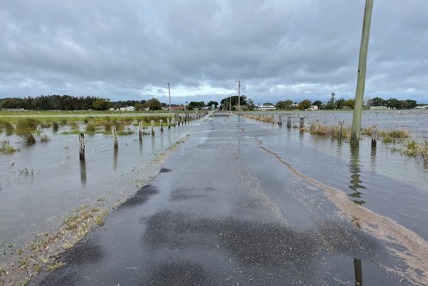 Water over a road and pooled on either side