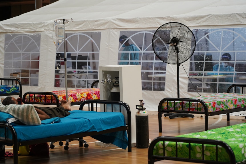 Beds set up on a timber floor.