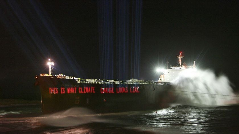 Slogan: Greenpeace used the Pasha Bulker as part of a protest against coal use overnight