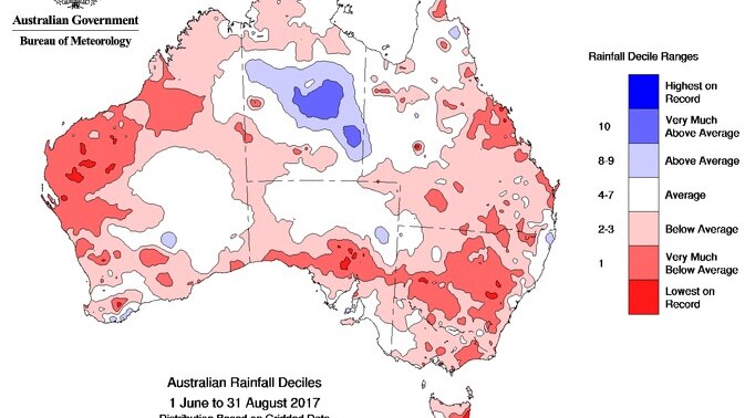 A map of Australia showing the winter rainfall deficiencies