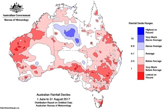 A map of Australia showing the winter rainfall deficiencies
