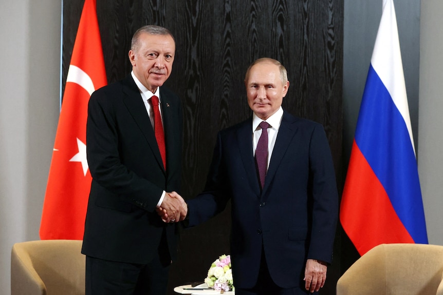 A middle-aged Turkish politician and a middle-aged Russian politician, both in suits, shake hands in front of flags.
