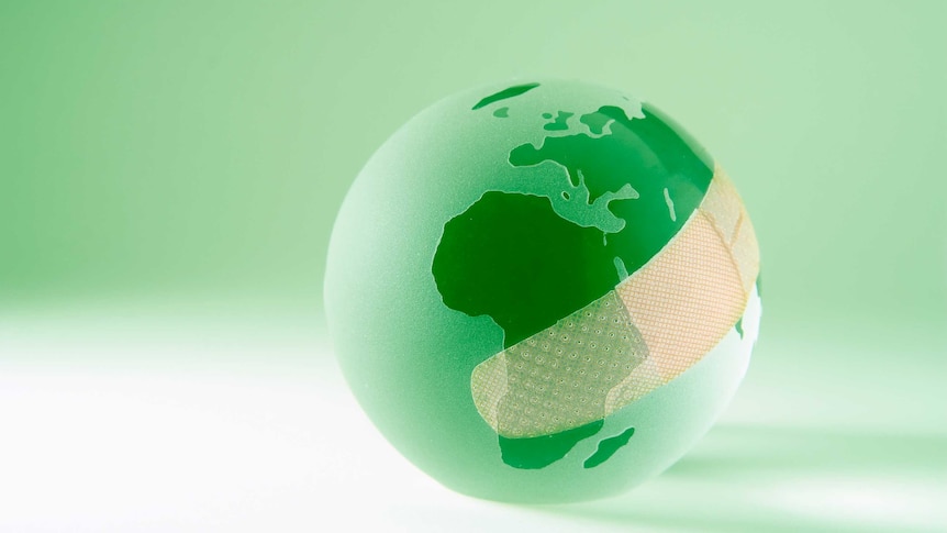 Green earth globe with a bandage on it.