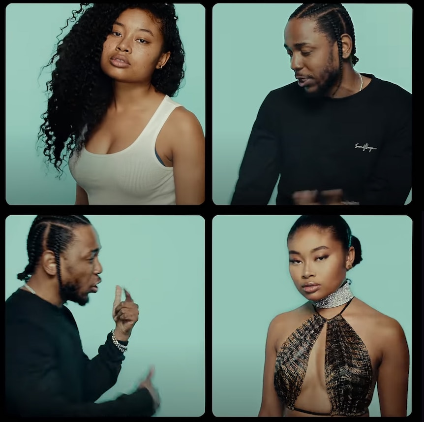 Stills from Kendrick Lamar's 'HUMBLE.' video where a model transitions from wearing make up and fancy attire to none and casual