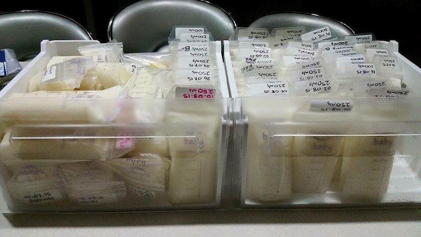 Breastmilk in bags, on a counter.