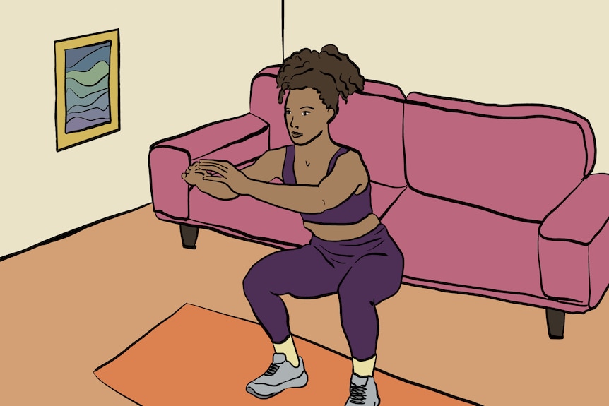 Person in purple activewear and hair up holds arms out and squats down in an orange and purple lounge room.