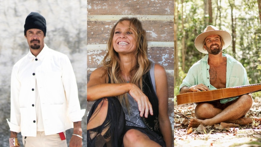 composite image of michael franti in white shirt, kasey chambers laughing, and xavier rudd sitting on forest floor with guitar