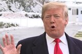 US President Donald Trump with hand up, addressing the media.