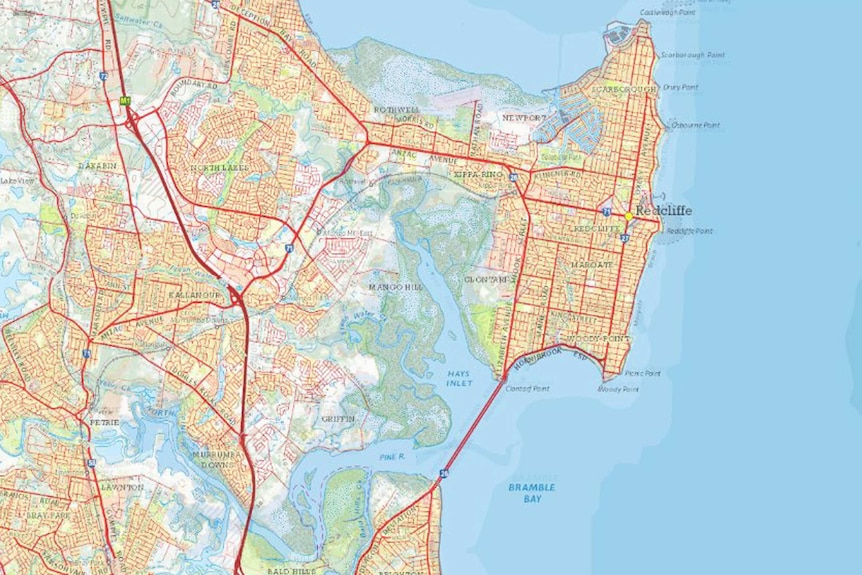 A map of Redcliffe, north of Brisbane, and surrounding areas.