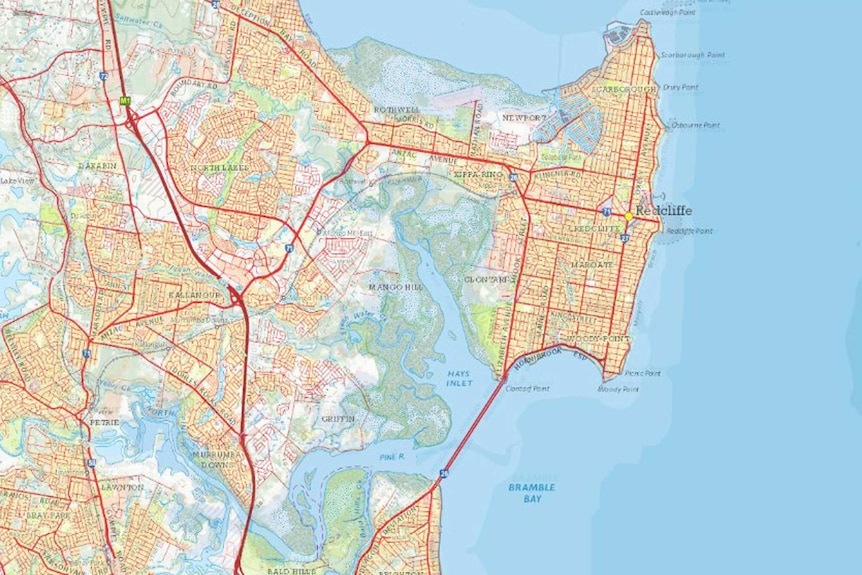 A map showing Redcliffe, north of Brisbane and surrounding areas including North Lakes, Brighton, and Petrie.