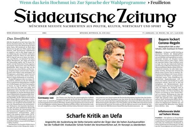 Image of the front page of a German newspaper with headline 'Germany out'.
