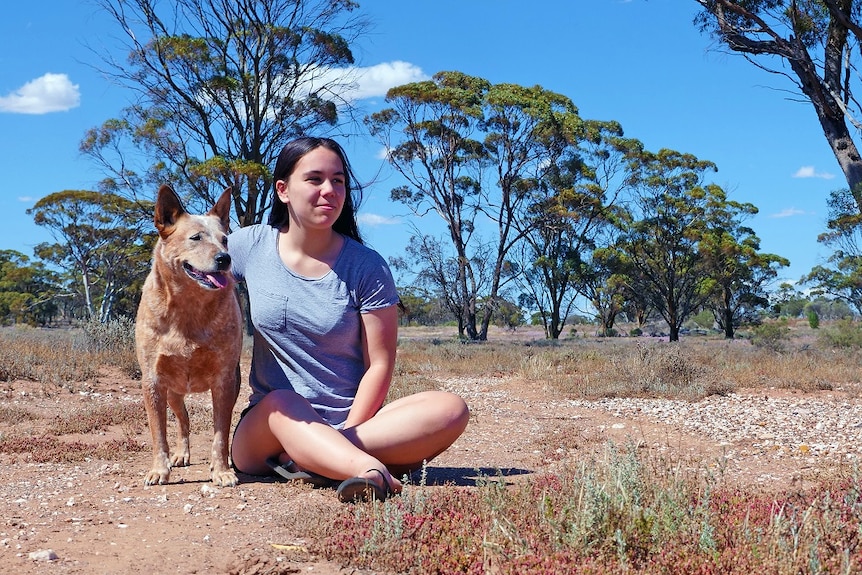 A young woman is sitting on the ground with her arm over a cattle dog. They're in grassy outback with a few gumtrees.