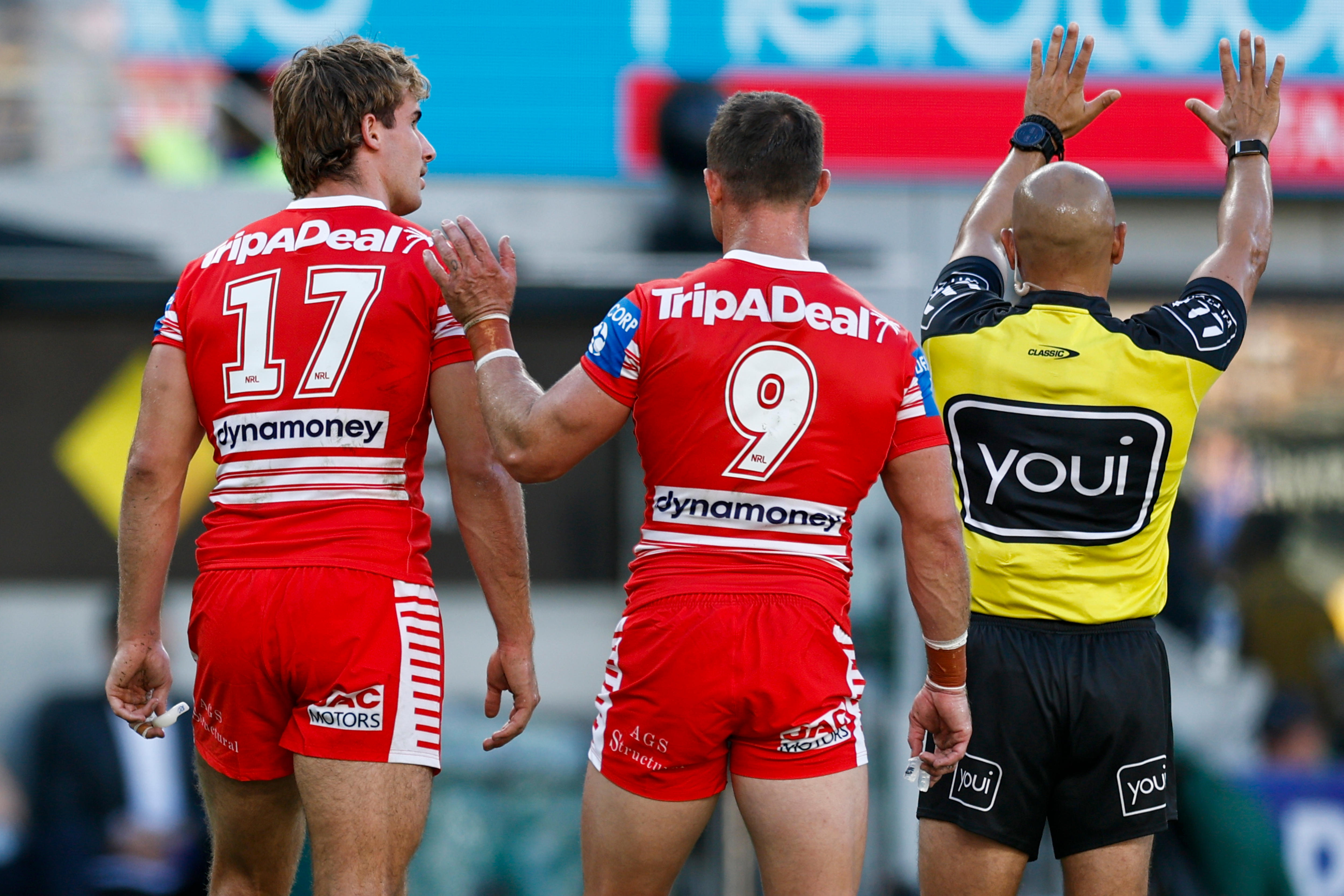 Ryan Couchman of the Dragons is put on report and sin binned by referee Ashley Klein