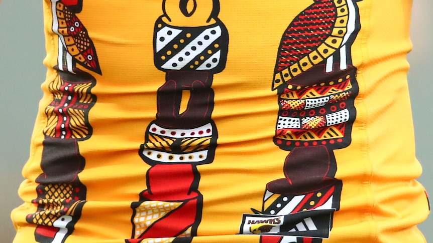 A close up shot of a Hawthorn Indigenous jumper