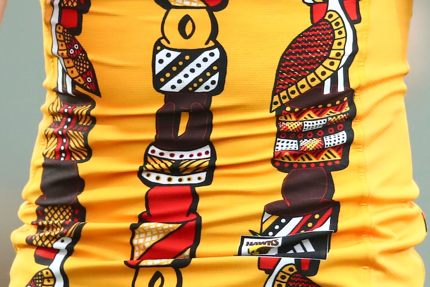 A close up shot of a Hawthorn Indigenous jumper