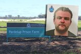 A picture fo a sign out the front of a prison, inset with a picture of a young, bearded man.