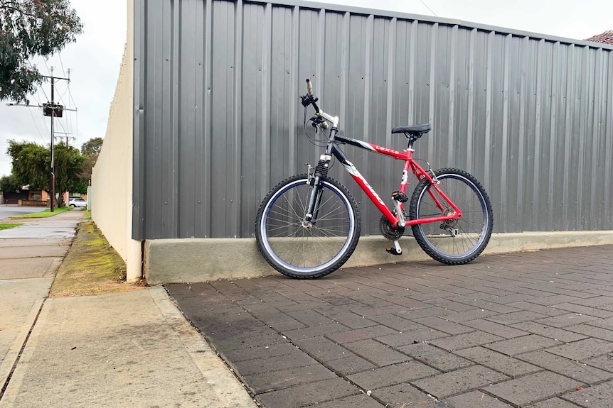 A red and black bicycle leaning against a grey fence.