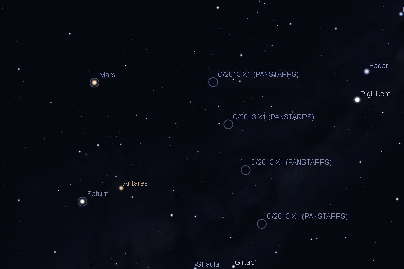 Path of the comet C/2013 X1 in the southern sky this month.