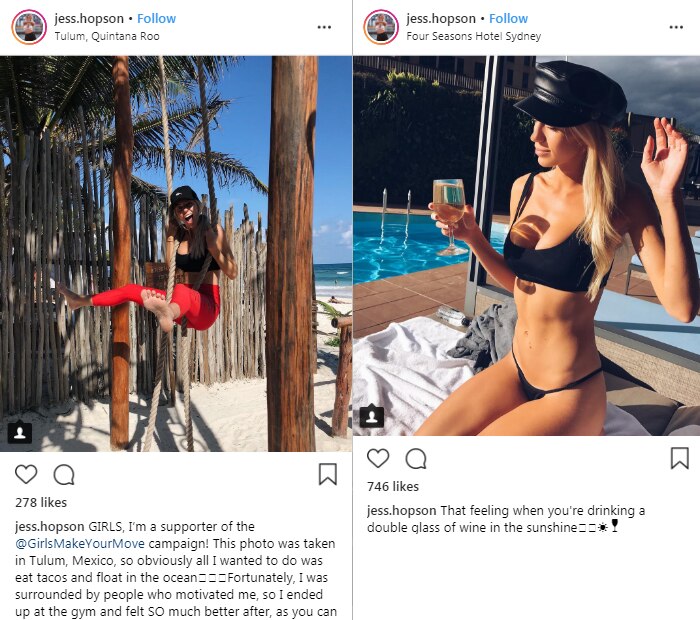 A young woman poses for Instagram photos, in activewear at a beach and in swimwear while holding glass of wine.