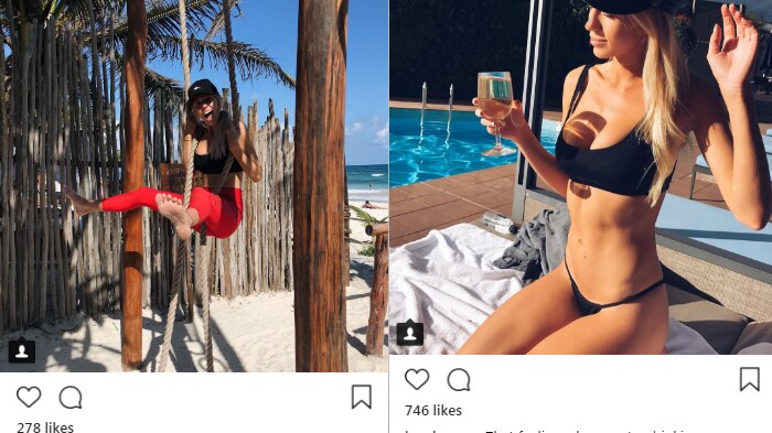 A young woman poses for Instagram photos, in activewear at a beach and in swimwear while holding glass of wine.