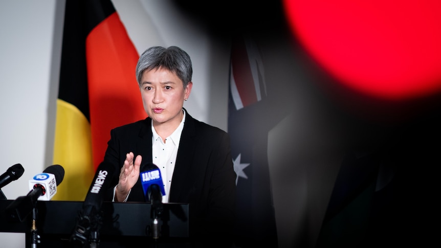 Foreign Affairs Minister Penny Wong addresses the media.