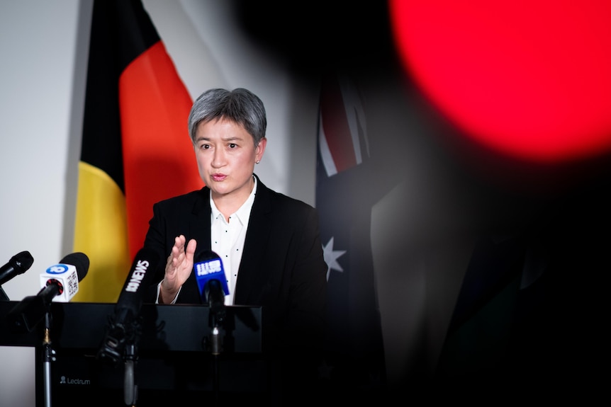 Foreign Affairs Minister Penny Wong addresses the media.
