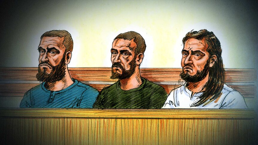 Sketch of three men arrested on suspicion of plotting a terror attack in Melbourne in November.
