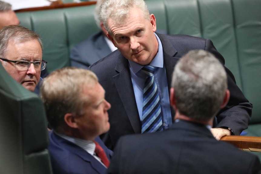The Labor MPs stand to the left of the speaker and listen to Christopher Pyne on Tony Smith's right side