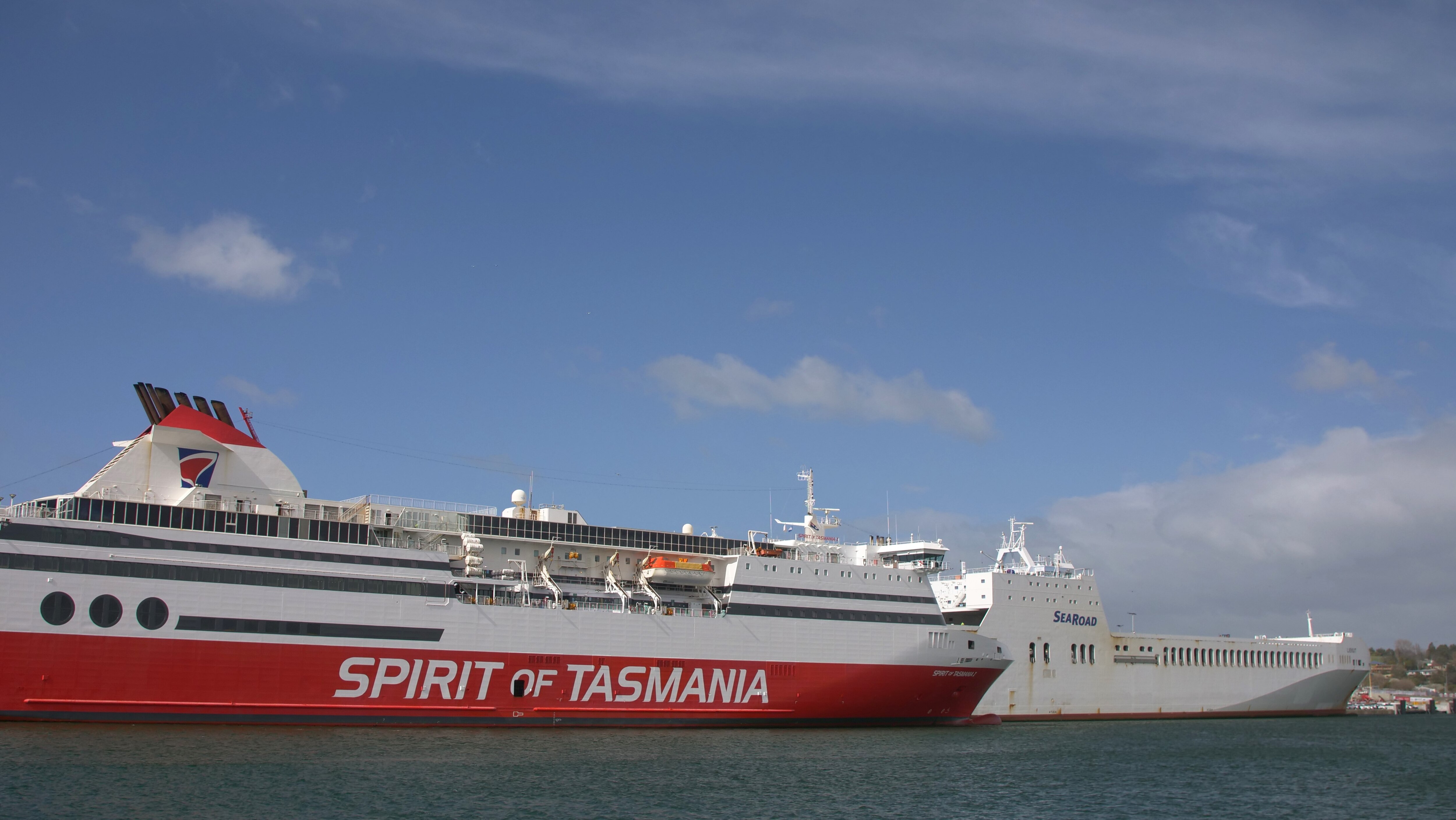 Spirit of Tasmania I and the Searoad Liekut in port on the Mersey River 2024-08-22 10:08:00