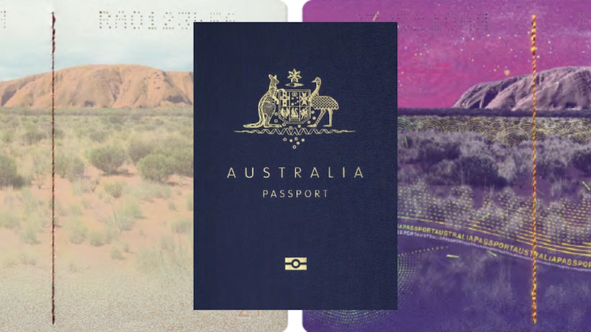 Side by side photos of the new Australian R Series passport features a photo of a landscape at day and night