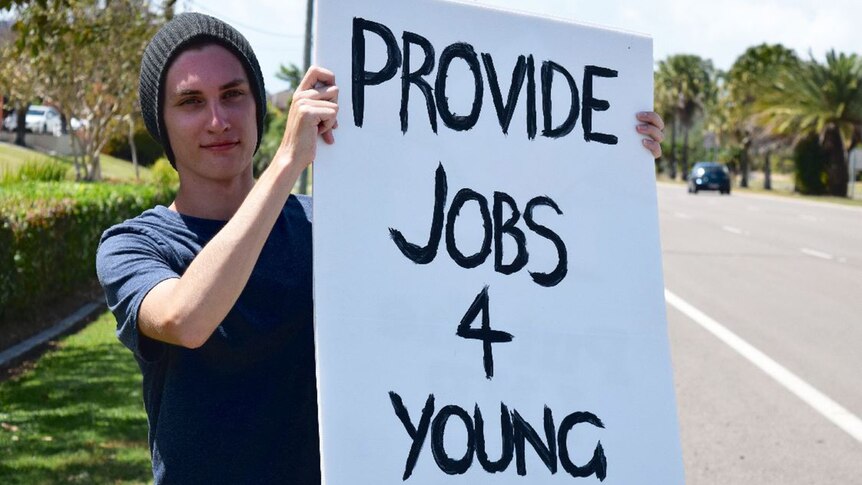 Nick in Townsville staging a protest calling for more jobs for young people