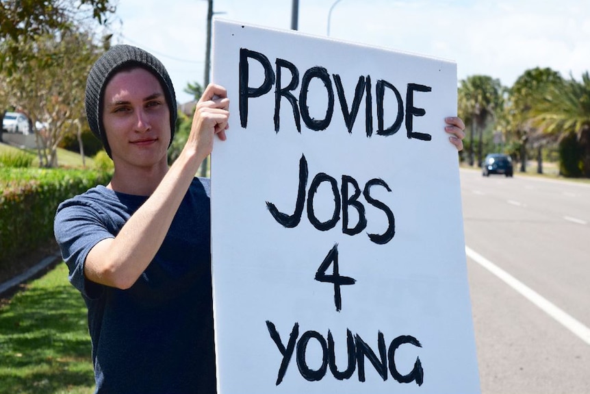 Nick in Townsville staging a protest calling for more jobs for young people