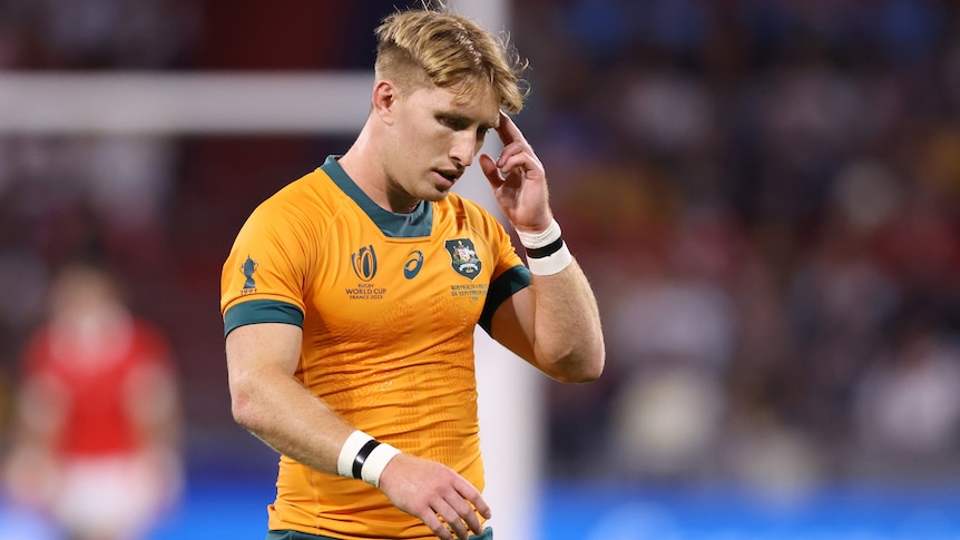 A Wallabies player reflects during the Rugby world Cup match against Wales.