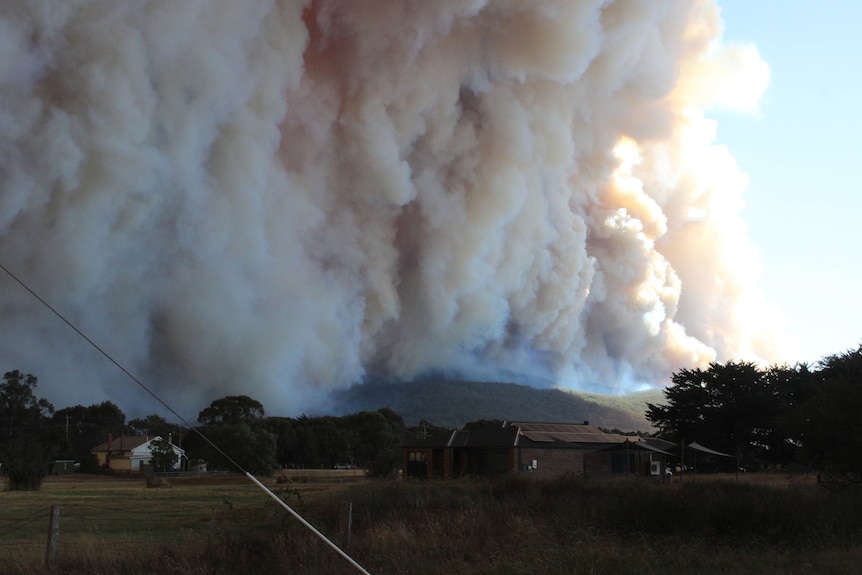 A huge plume of smoke rises from the hills behind a rural property.