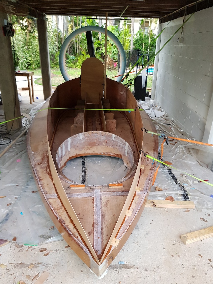 The unfinished hull of a hovercraft.