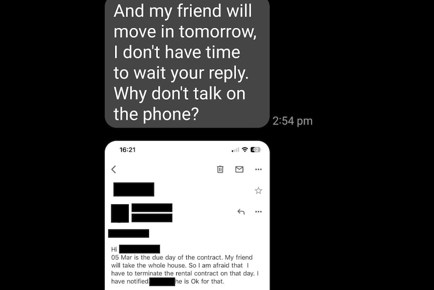 Text messages from a landlord tell the tenant she must move out, another message claims to be the owner's brother.