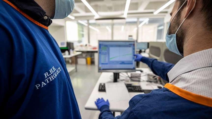 Pathology lab staff looking at a screen