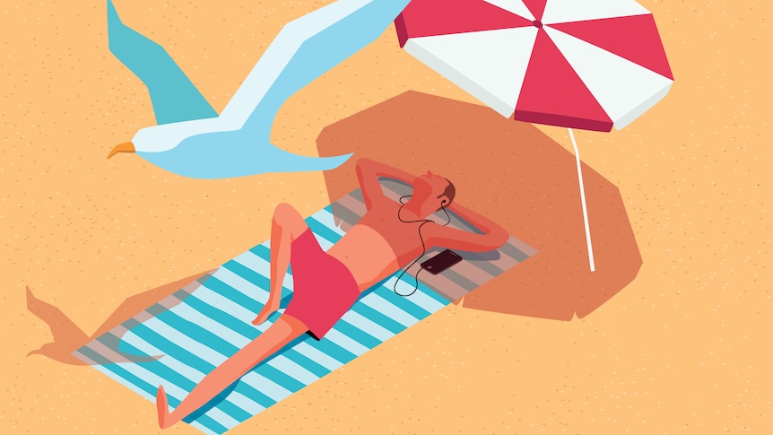 Illustration of a man sunbathing on the beach under an umbrella