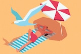 Illustration of a man sunbathing on the beach under an umbrella